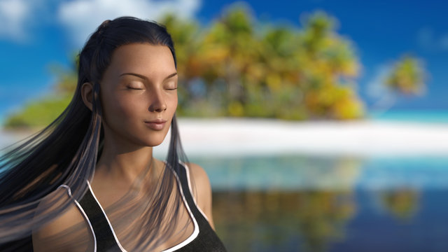 Woman on a desert island enjoying relaxation and tranquility 3d render