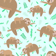 Seamless pattern of cute sloth with baby and leaves. Hand-drawn illustration for kids, tropical summer, textile, print, cover, wallpaper, fabric, mother's day, holiday, wrapping.Transparent background © Anton