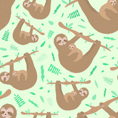 Seamless pattern of cute sloth hugs a baby. Hand-drawn illustration for kids, tropical summer, textile, print, cover, wallpaper, fabric, mother's day, holiday, mom love. Transparent background