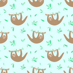 Seamless pattern of lazy cute sloths and leaves. Hand-drawn illustration of sloth for children, tropical summer, textile, print, cover, wallpaper, fabric, clothes. Transparent background