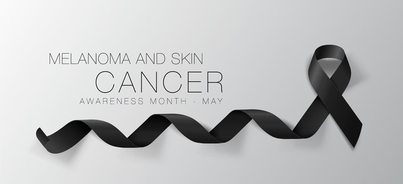 Melanoma and Skin Cancer Awareness Calligraphy Poster Design. Realistic Black Ribbon. May is Cancer Awareness Month. Vector