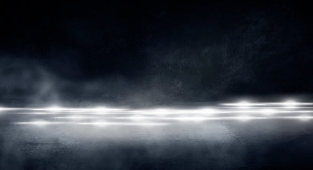 Wet asphalt, reflection of neon lights, a searchlight, smoke. Abstract light in a dark empty street with smoke, smog. Dark background scene of empty street, night view, night city.
