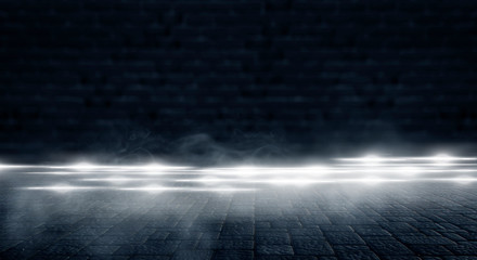 Wet asphalt, reflection of neon lights, a searchlight, smoke. Abstract light in a dark empty street with smoke, smog. Dark background scene of empty street, night view, night city.