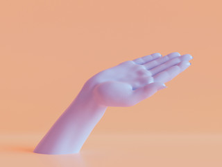 3d render, female hand isolated, jewelry shop display, minimal fashion background, mannequin body part, show, presentation, peachy violet pastel colors