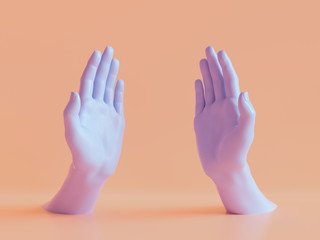 3d render, female hands isolated, open palms, jewelry shop display, minimal fashion background, mannequin body parts, helping hands, show, presentation, peachy violet pastel colors