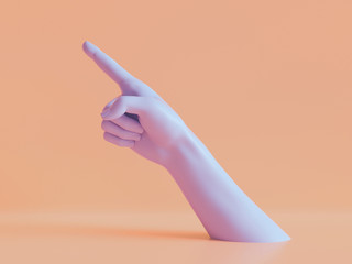 3d render, female hand isolated, finger up, pointing gesture, direction symbol, shop display, minimal fashion background, mannequin body part, show, presentation, peachy violet pastel colors