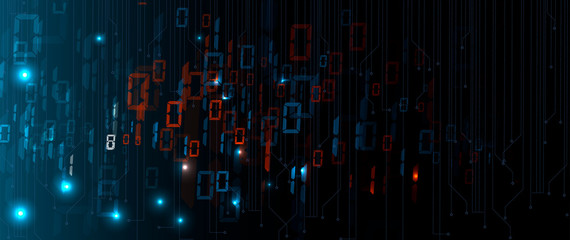 Bytes of binary code run through network. Abstract futuristic technology syberspace