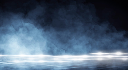 Wet asphalt, reflection of neon lights, a searchlight, smoke. Abstract light in a dark empty street with smoke, smog. Dark background scene of empty street, night view, night city.