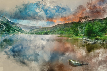 Watercolour painting of Beautiful sunrise over Llyn Gwynant in Snowdonia National Park