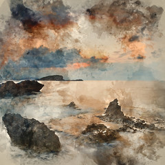 Watercolour painting of Stunning landscape dawn sunrise with rocky coastline and long exposure Mediterranean Sea