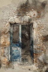 Watercolour painting of Beautiful old workshop door full of texture and character