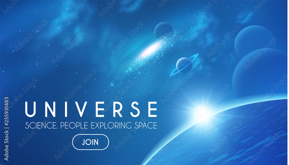 Wall mural planets in universe with star, nebula and galaxy lights. 3d realistic space. cosmos design.