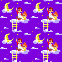 Seamless children  pattern with cute boy and little girl, clouds, stars and moon. Creative kids texture for fabric, wrapping, textile, wallpaper, apparel. Concept of children's learning.