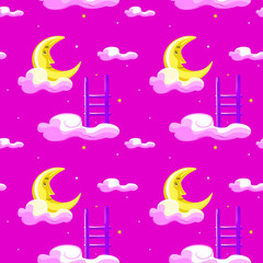  Cute moon, stairs, clouds and night sky with stars seamless pattern. Vector hand drawn illustration. Texture for printing, wrapping, wallpaper, fabric, and textile.