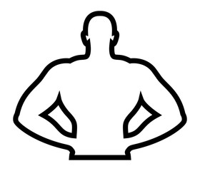 Silhouette of muscular sports man bodybuilder standing with hands on hips, body torso, flat fitness and sport icon. Health care Athletic man Logo. Black outline isolated vector object