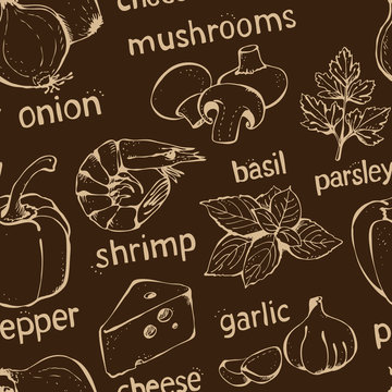 Pizza ingredients vector seamless pattern , hand drawn food background