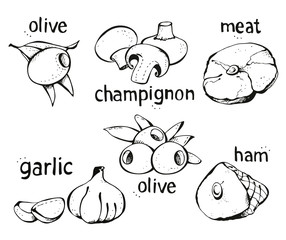 Pizza ingredients vector set, hand drawn food illustration