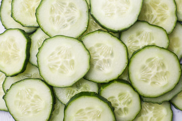 Background of sliced cucumber slices. Close up