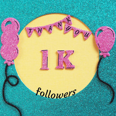 Thanks 1000 followers with balloons and flags. Concept thanks to friends on social networks..