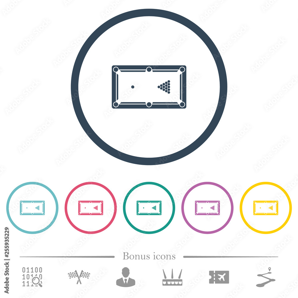 Poster billiard table initial state flat color icons in round outlines