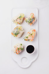 Vietnamese spring rolls with shrimps and vegetables. Copyspace
