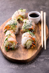Vietnamese spring rolls with shrimps and vegetables. Copyspace