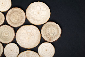 Pine tree cross-sections with annual rings on black background. Lumber piece close-up shot, top view.
