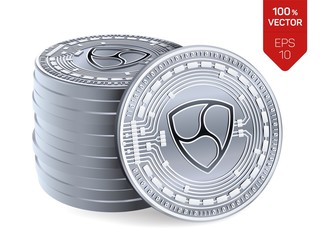 Nem. Crypto currency. 3D isometric Physical coins. Digital currency. Stack of silver coins with Nem symbol isolated on white background. Stock vector illustration.