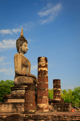 Buddha Statue at Wat Mahathat in Sukhothai historical park in Thailand., Tourism, World Heritage Site, Civilization,UNESCO.