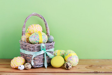Traditional Easter basket with eggs.