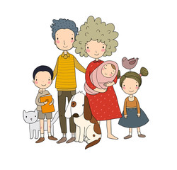 A happy family. Parents with children. Cute cartoon dad, mom, daughter, son and baby.