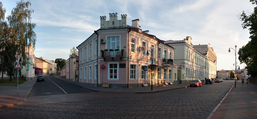 Grodno, Belarus, June 01, 2016: Old buildings at the crossroads of streets. Early morning.