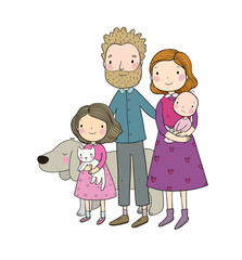 A happy family. Parents with children. Cute cartoon dad, mom, daughter and son.