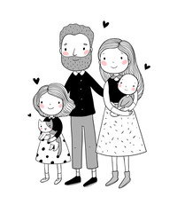 A happy family. Parents with children. Cute cartoon dad, mom, daughter and son.