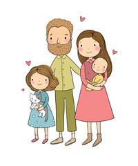 A happy family. Parents with children. Cute cartoon dad, mom, daughter and son.