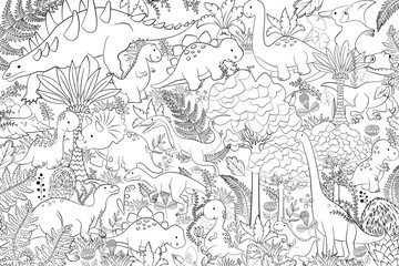 Pattern with trees and dinosaurs, coloring page