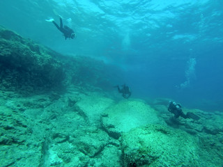 Fototapeta na wymiar diver, scuba, diving, underwater, sea, cyprus, bubbles, girl, extreme, depth