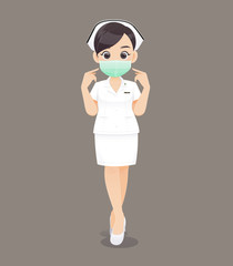 Nursing wears a protective mask, Cartoon woman doctor or nurse in white uniform on brown background, Vector illustration in character design