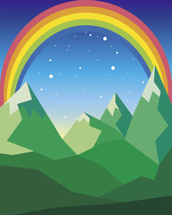 green mountain landscape with a rainbow in the night sky