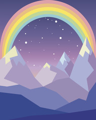 Fototapeta na wymiar purple mountain landscape with a rainbow in the night sky