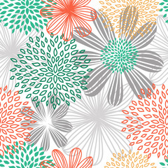 Hand drawn color seamless pattern. Scandinavian style floral texture. Abstract flowers, buds, leaves background. Wrapping paper, textile, background fill.