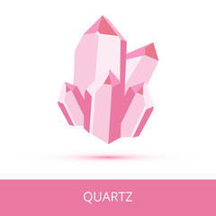 Vector mineralogy icon of mineral quartz SiO2 composed of silicon and oxygen from the mohs scale of mineral hardness. Dark pink or red crystalline stone or gemstone crystal isolated on white.