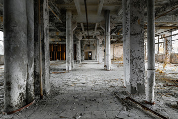 Fototapeta na wymiar Damaged Hall in Jupiter Factory, Chernobyl Exclusion Zone 2019