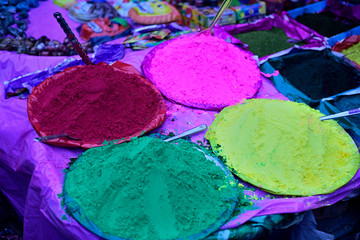 Exhibit colorful powder for sell in shop during color festival