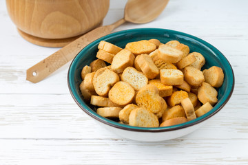 Rusks on a plate. Dried bread. Crispy rusk