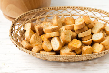 Rusks on a plate. Dried bread. Crispy rusk
