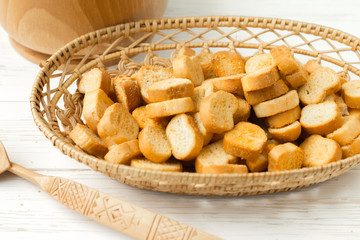 Rusks on a plate. Dried bread. Crispy rusk