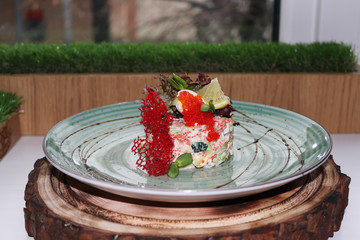 Salad, caviar, red, salmon, eggs, food, traditional, gourmet, new, carrot, Olivier, Closeup, White, Healthy, Orange, Freshness, meal, snack, dinner, plate, fish, refreshment, appetizer, seafood, porti