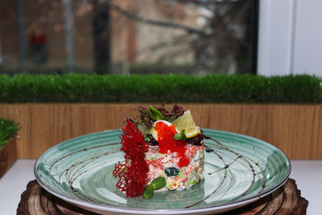 Salad, caviar, red, salmon, eggs, food, traditional, gourmet, new, carrot, Olivier, Closeup, White, Healthy, Orange, Freshness, meal, snack, dinner, plate, fish, refreshment, appetizer, seafood, porti