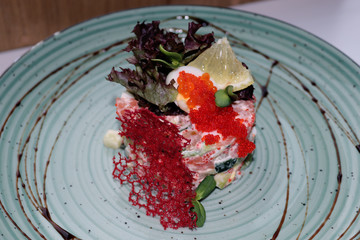 Salad, caviar, red, salmon, eggs, food, traditional, gourmet, new, carrot, Olivier, Closeup, White, Healthy, Orange, Freshness, meal, snack, dinner, plate, fish, refreshment, appetizer, seafood, porti